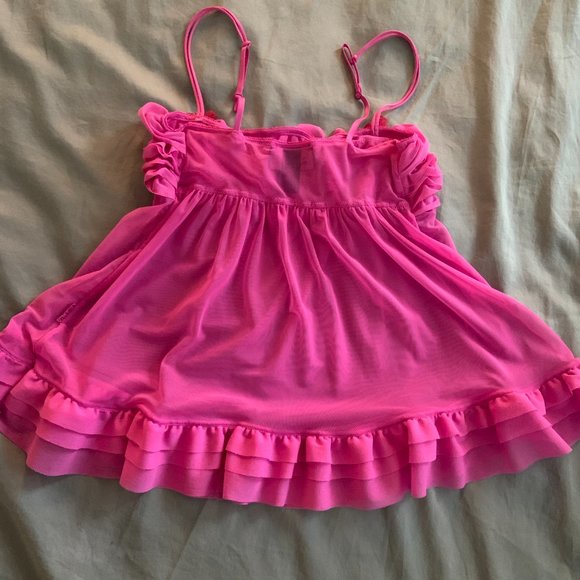 Vintage Hot Pink Ruffle Teddy Lingerie Pink Ruffles Top Sheer Babydoll - Picture 4 of 6